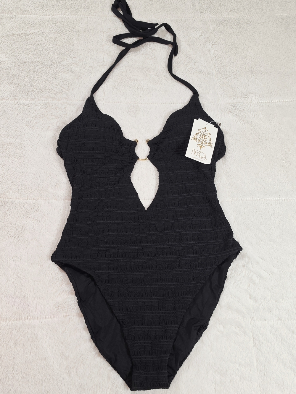 BECCA Black Textured Halter Keyhole One-Piece Swimsuit(SW300-05)